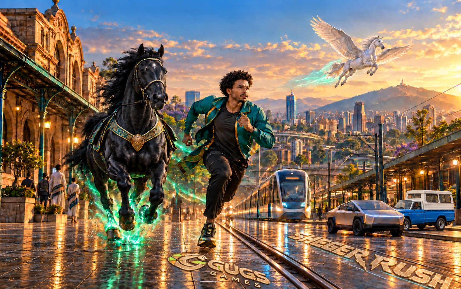A runner and a black horse race through an imaginative Addis Ababa cityscape at sunset